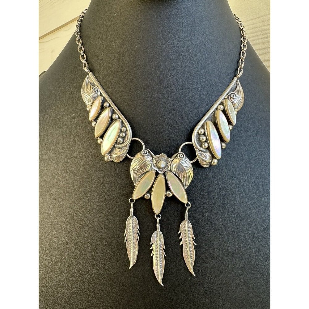 Navajo Mother of Pearl & Sterling Silver 3 Panel Statement Necklace w Feathers